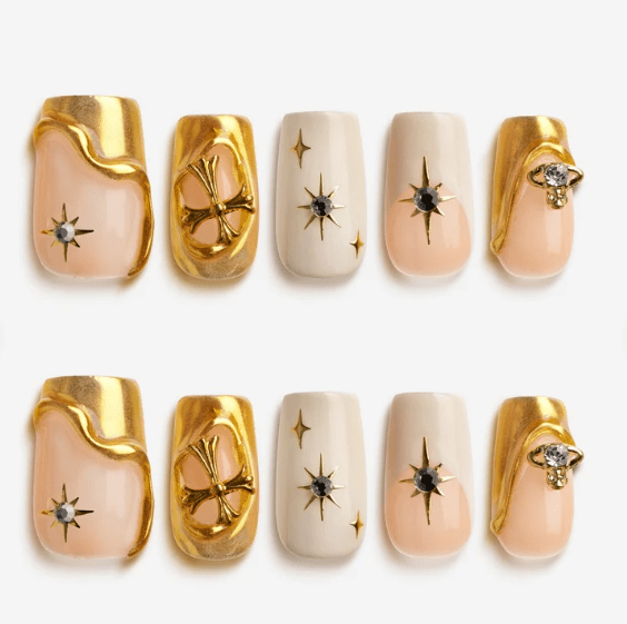 DRESUP Golden Stardust Short Coffin Press-On Nails – 12 Pieces - Beauty Exchange Beauty Supply