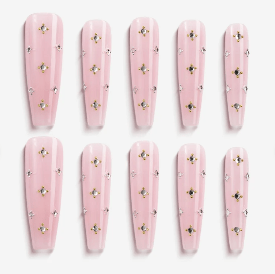 DRESUP Pink Star Gems Long Coffin Press-On Nails – 12 Pieces - Beauty Exchange Beauty Supply