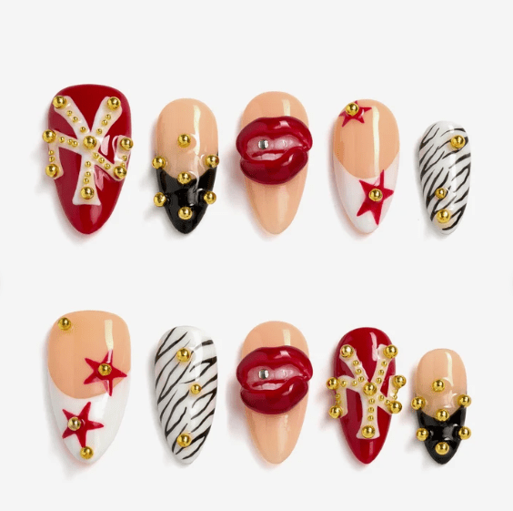 DRESUP Studded Red Lips Medium Almond Press-On Nails – 12 Pieces - Beauty Exchange Beauty Supply