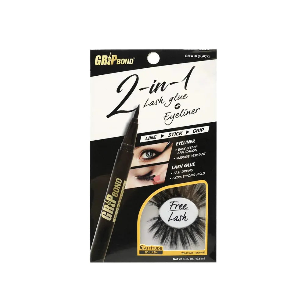 Ebin New York Grip Bond 2 - in - 1 Eyeliner Glue โ 1B Black & 1R Brown | Long - Lasting, Waterproof Hold + FREE Lash (Wild Cat โ Sophie) | 0.02 oz / 0.6 ml - Beauty Exchange Beauty Supply