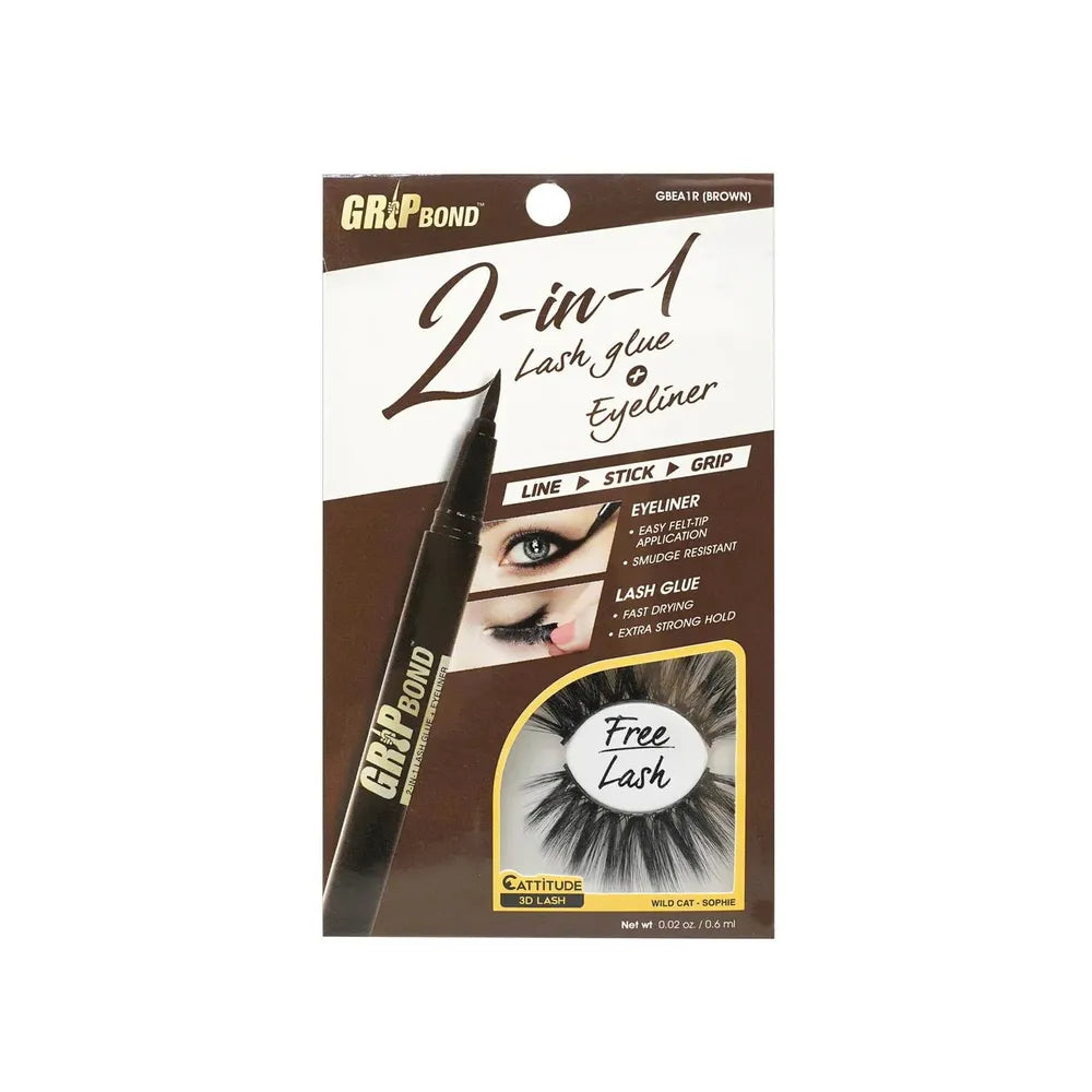 Ebin New York Grip Bond 2 - in - 1 Eyeliner Glue โ 1B Black & 1R Brown | Long - Lasting, Waterproof Hold + FREE Lash (Wild Cat โ Sophie) | 0.02 oz / 0.6 ml - Beauty Exchange Beauty Supply