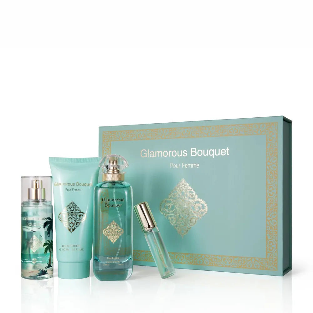Glamorous Bouquet 4 - Piece Set – Eau de Parfum, Body Mist, & Body Lotion – Luxurious Fragrance Experience - Beauty Exchange Beauty Supply