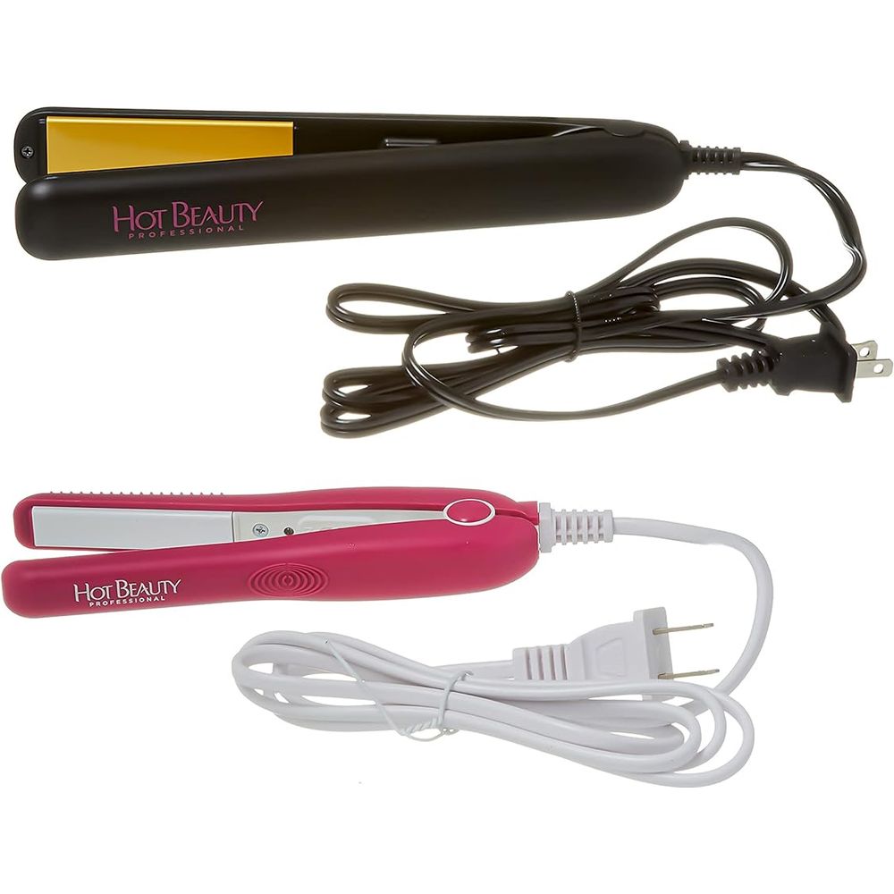 Hot Beauty Professional Ceramic Flat Irons – 2 - in - 1 Value Pack with 1" Full Size + ½" Mini Straightener & Free Travel Pouch - Beauty Exchange Beauty Supply