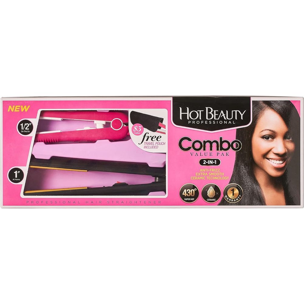 Hot Beauty Professional Ceramic Flat Irons – 2 - in - 1 Value Pack with 1" Full Size + ½" Mini Straightener & Free Travel Pouch - Beauty Exchange Beauty Supply