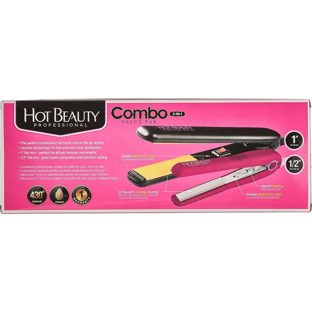 Hot Beauty Professional Ceramic Flat Irons – 2 - in - 1 Value Pack with 1" Full Size + ½" Mini Straightener & Free Travel Pouch - Beauty Exchange Beauty Supply