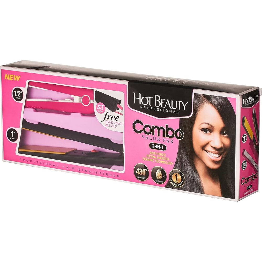 Hot Beauty Professional Ceramic Flat Irons – 2 - in - 1 Value Pack with 1" Full Size + ½" Mini Straightener & Free Travel Pouch - Beauty Exchange Beauty Supply