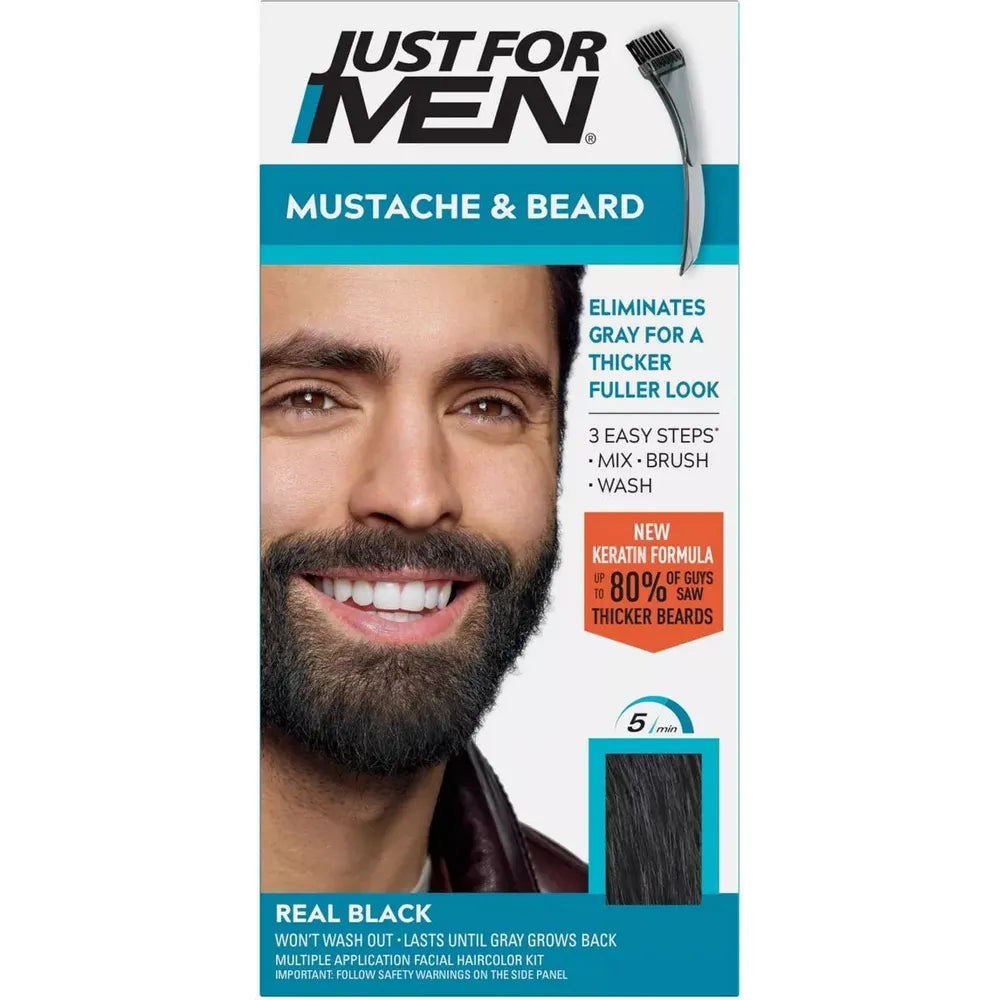 Just For Men Mustache & Beard Hair Color – Gray Hair Coverage with Brush (Real Black / Jet Black) - Beauty Exchange Beauty Supply