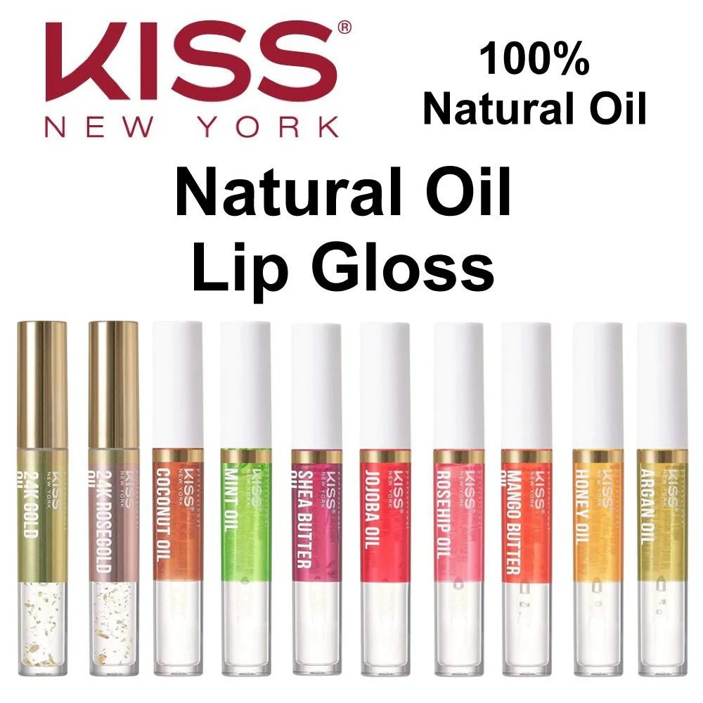 KISS NEW YORK PROFESSIONAL Natural Oil Lip Gloss โ Hydrating Shine Infused with Real Gold Flakes | 10 Variants - Beauty Exchange Beauty Supply