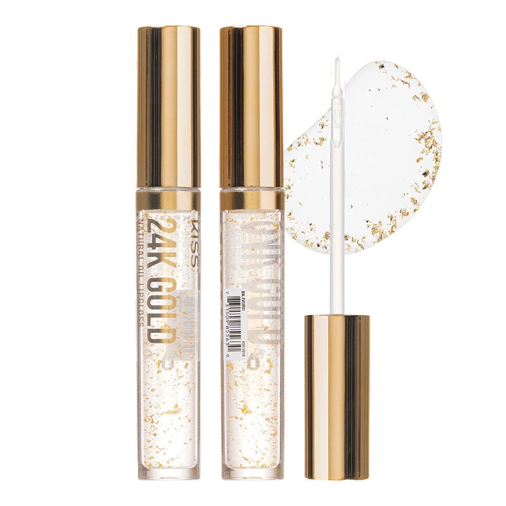 KISS NEW YORK PROFESSIONAL Natural Oil Lip Gloss โ Hydrating Shine Infused with Real Gold Flakes | 10 Variants - Beauty Exchange Beauty Supply