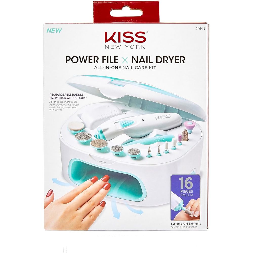 KISS Power File X Nail Dryer – All - in - One Nail Care Kit w/ 12 Attachments, Rechargeable Handle & Salon - Style Dryer (16 Pc Set) - Beauty Exchange Beauty Supply