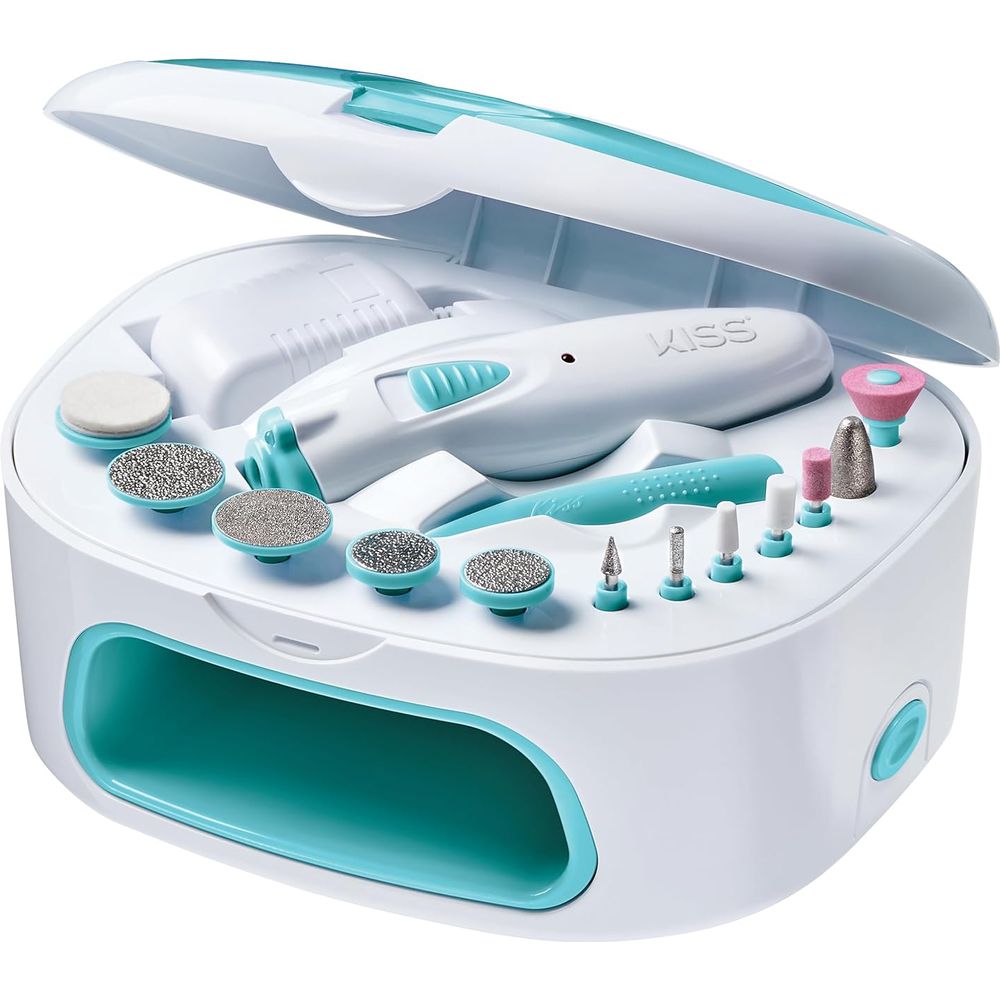 KISS Power File X Nail Dryer – All - in - One Nail Care Kit w/ 12 Attachments, Rechargeable Handle & Salon - Style Dryer (16 Pc Set) - Beauty Exchange Beauty Supply