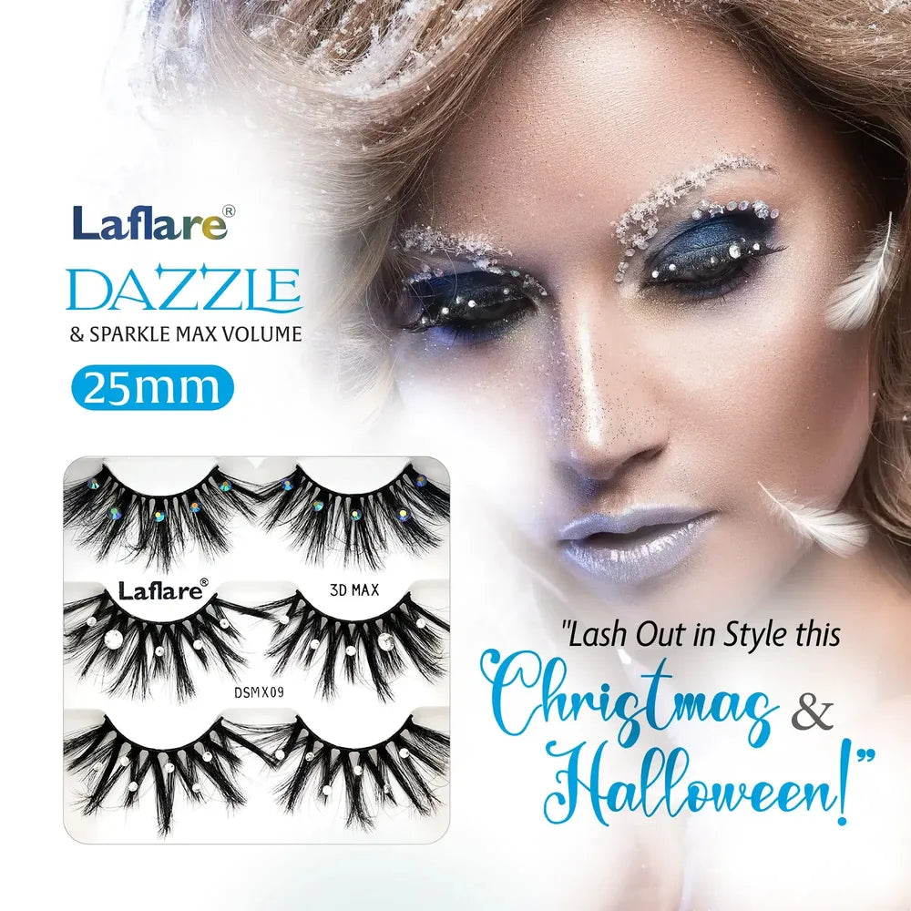 Laflare USA Dazzle & Sparkle Max Volume Rhinestone Lashes – Styles 09 & 10 | 3D Glam, 25mm Length, Reusable, Crystal Accent Finish - Beauty Exchange Beauty Supply