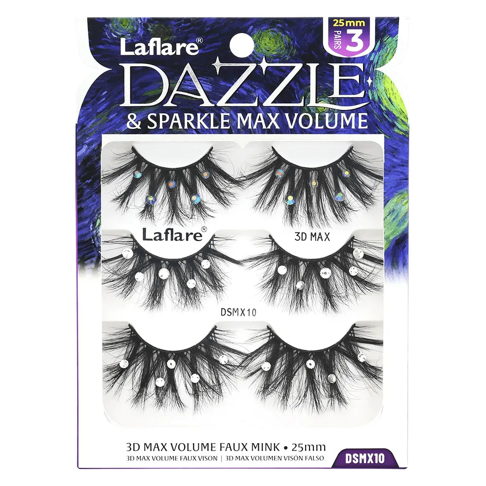 Laflare USA Dazzle & Sparkle Max Volume Rhinestone Lashes – Styles 09 & 10 | 3D Glam, 25mm Length, Reusable, Crystal Accent Finish - Beauty Exchange Beauty Supply
