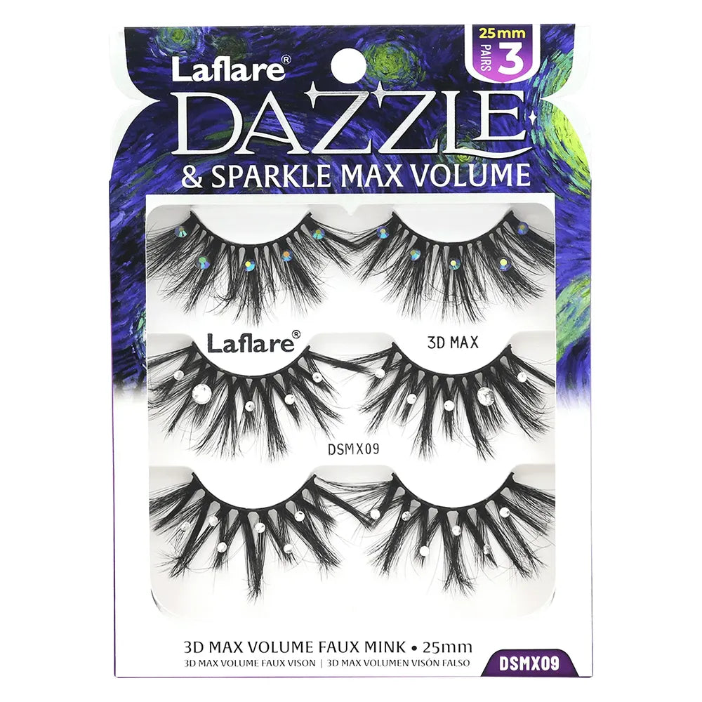 Laflare USA Dazzle & Sparkle Max Volume Rhinestone Lashes – Styles 09 & 10 | 3D Glam, 25mm Length, Reusable, Crystal Accent Finish - Beauty Exchange Beauty Supply