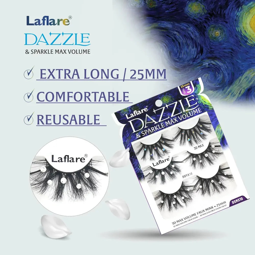 Laflare USA Dazzle & Sparkle Max Volume Rhinestone Lashes – Styles 09 & 10 | 3D Glam, 25mm Length, Reusable, Crystal Accent Finish - Beauty Exchange Beauty Supply
