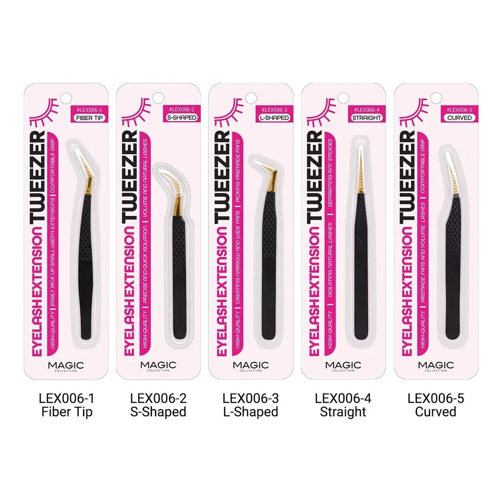Magic Collection Eyelash Extension Tweezers – Professional Precision Tools in 5 Styles (Fiber Tip, S - Shaped, L - Shaped, Straight, Curved) - Beauty Exchange Beauty Supply