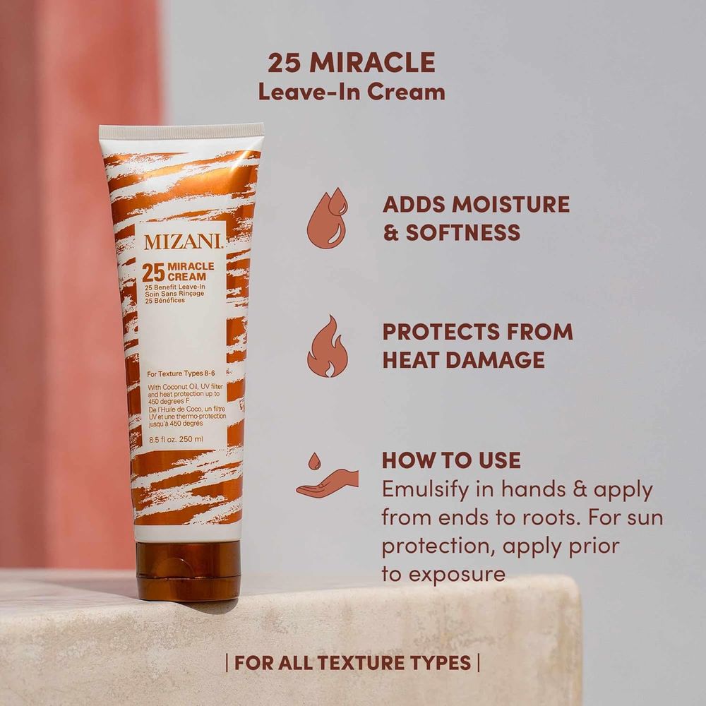 MIZANI 25 Miracle Leave - In Cream – Coconut Oil Infused | Lightweight Moisture & Softness | For Curly Hair (Types 6–8) | 8.5 oz - Beauty Exchange Beauty Supply