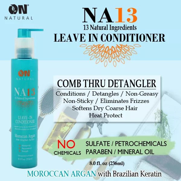 ON Natural NA13 Comb - Thru Leave - In Conditioner & Detangler – Black Castor, Moroccan Argan, Coconut Milk with Brazilian Keratin – 8 oz - Beauty Exchange Beauty Supply