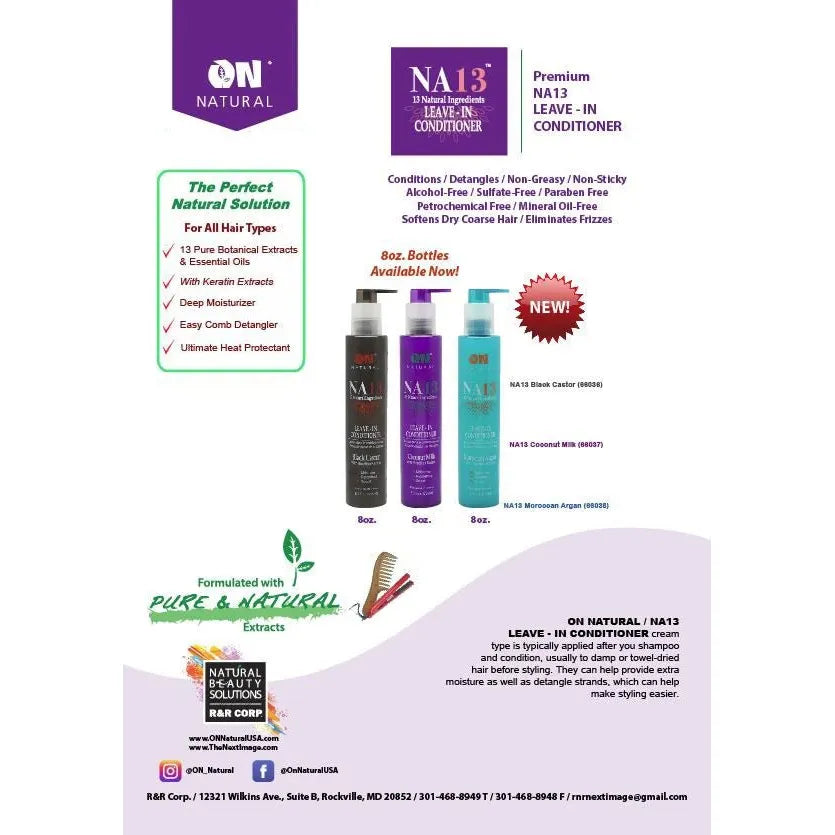 ON Natural NA13 Comb - Thru Leave - In Conditioner & Detangler – Black Castor, Moroccan Argan, Coconut Milk with Brazilian Keratin – 8 oz - Beauty Exchange Beauty Supply