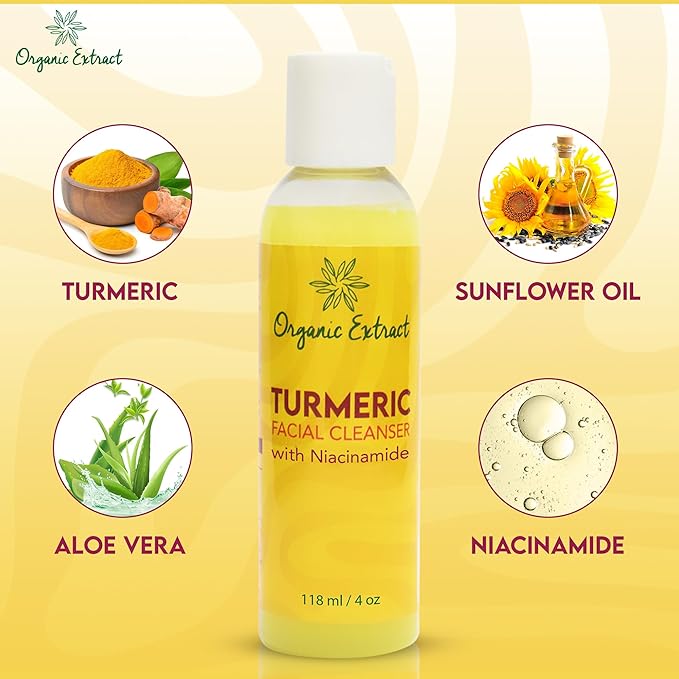 Organic Extract - Turmeric Facial Cleanser | Niacinamide | Aloe vera | SunFlower Oil | Gentle Face Cleanser - Dull | Acne Prone Skin | Exfoliating | Daily Facial Cleanser - Age Spots | Sun Damage | 4Oz | - Beauty Exchange Beauty Supply