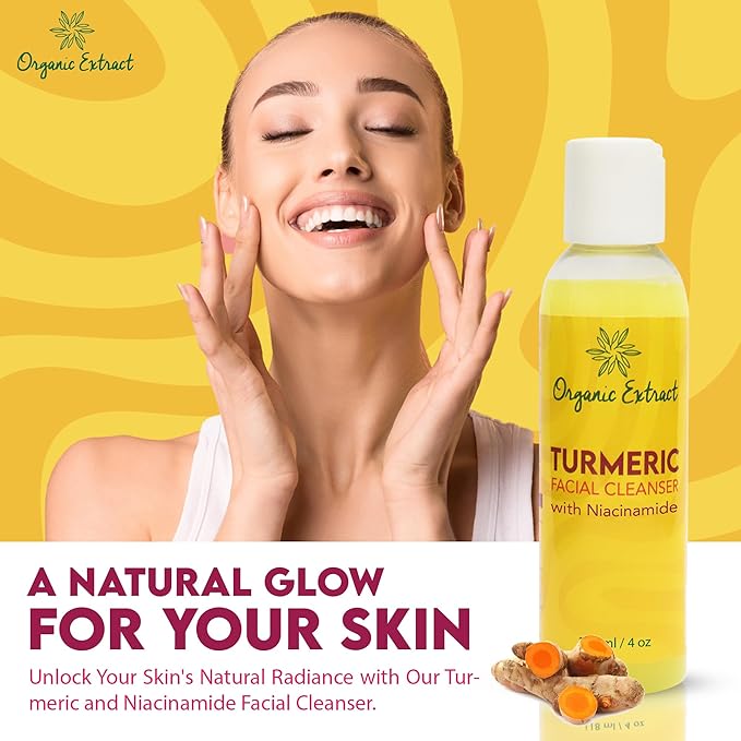 Organic Extract - Turmeric Facial Cleanser | Niacinamide | Aloe vera | SunFlower Oil | Gentle Face Cleanser - Dull | Acne Prone Skin | Exfoliating | Daily Facial Cleanser - Age Spots | Sun Damage | 4Oz | - Beauty Exchange Beauty Supply