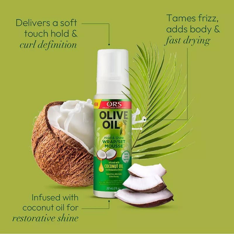 ORS Olive Oil Mousse Duo – Wrap/Set Mousse & Max Moisture Curl Defining Mousse (3.7oz / 7oz) - Beauty Exchange Beauty Supply