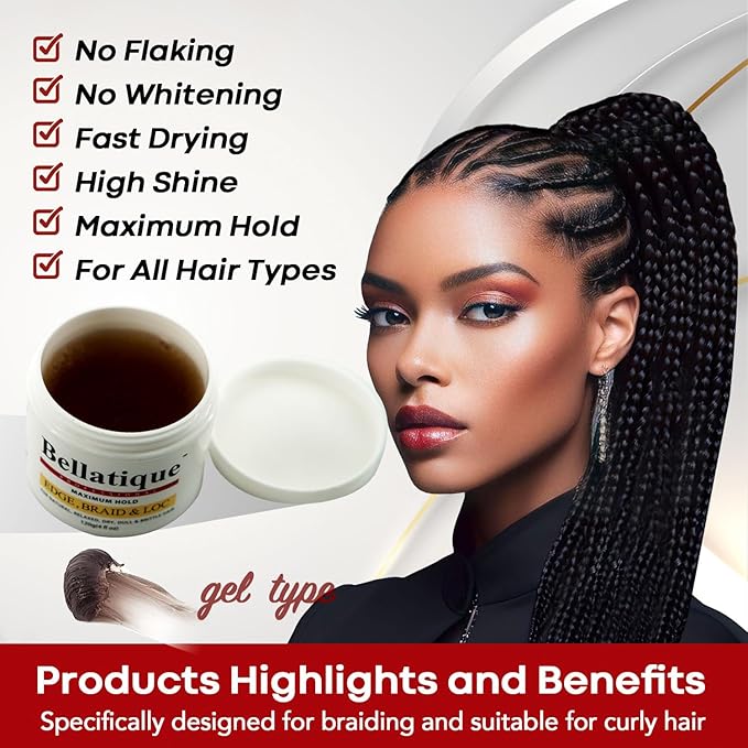 Professional Braiding Gel Maximum Hold for Natural, Relaxed, Dry, Dull, & Brittle Hair - No Flaking, No Whitening, Fast Drying, High Shine, - Lasts Up to 48 Hrs - Beauty Exchange Beauty Supply