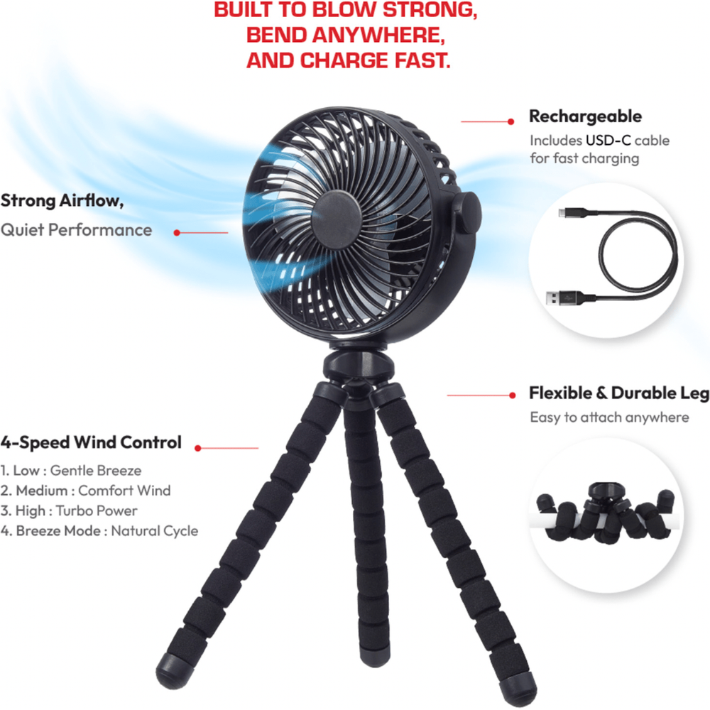 Red 3 Flexi Legs Rechargeable Beauty Fan – Portable Cooling for On - the - Go Glam - Beauty Exchange Beauty Supply