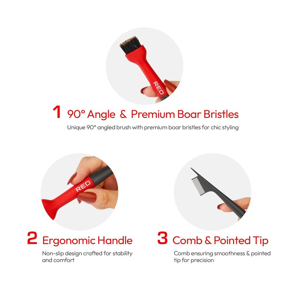 Red by Kiss Angled Edge Pro Brush – HH103, Firm Dual - Sided Brush for Sleek Edges & Baby Hair Control | Angled for Grip & Precision - Beauty Exchange Beauty Supply