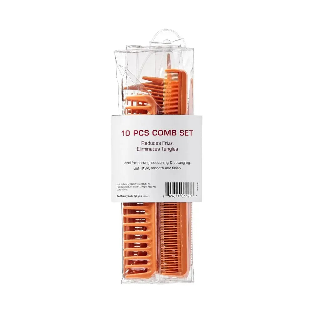 Red by Kiss Bone 10 - Piece Comb Set – HM61, Durable, Anti - Static Combs for Styling, Parting & Detangling | Perfect for All Hair Types - Beauty Exchange Beauty Supply