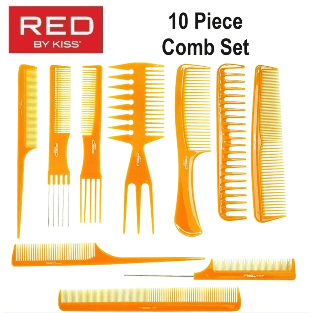 Red by Kiss Bone 10 - Piece Comb Set – HM61, Durable, Anti - Static Combs for Styling, Parting & Detangling | Perfect for All Hair Types - Beauty Exchange Beauty Supply