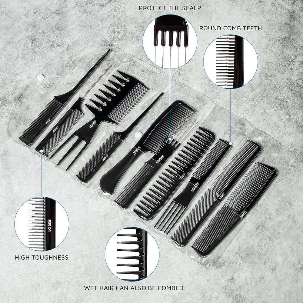 Red by Kiss Bone Black 10 - Piece Comb Set โ HM60, Anti - Static, Durable & Heat - Resistant for Professional Styling | Ideal for All Hair Types - Beauty Exchange Beauty Supply