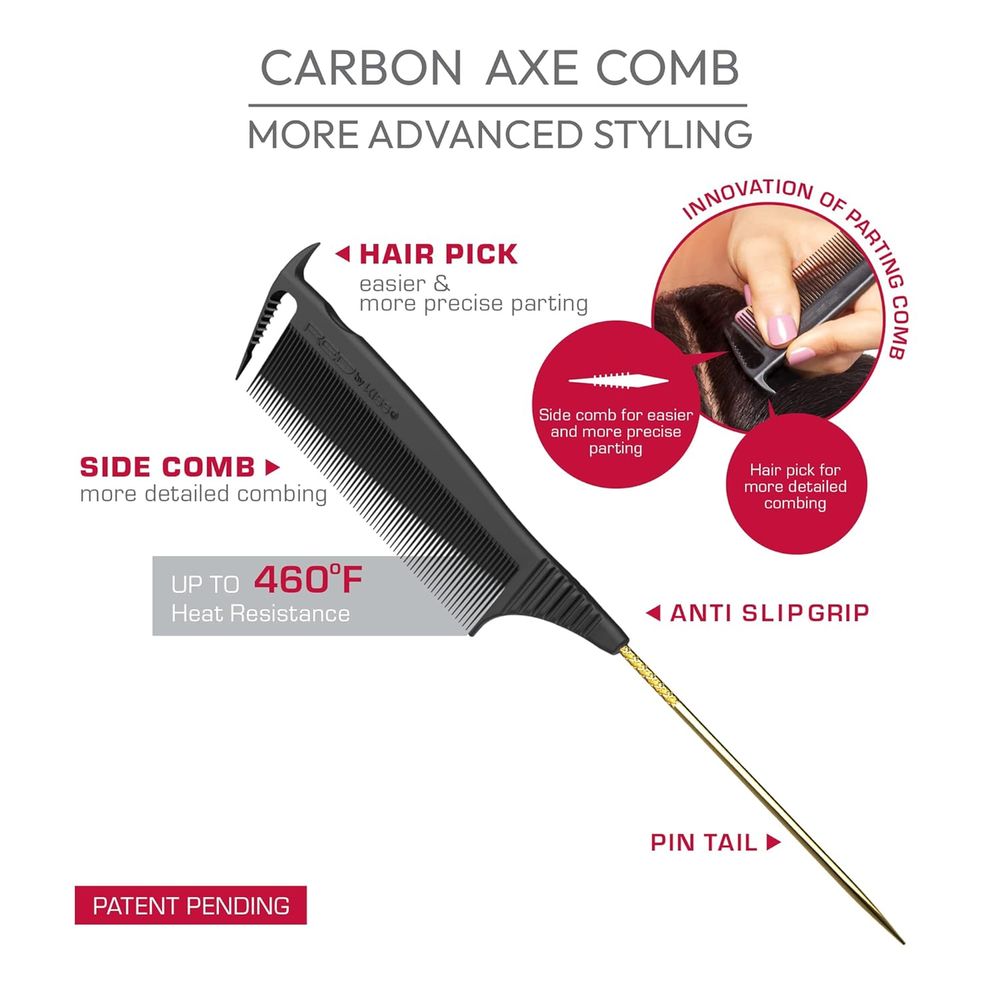 Red by Kiss Carbon Axe Comb with Pin Tail | HM07 – Sleek Styling & Sharp Parting in One Tool - Beauty Exchange Beauty Supply