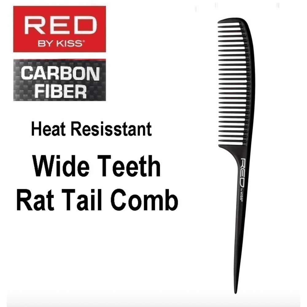 Red by Kiss Carbon Fiber Wide Teeth Rat Tail Comb – HM16 | Anti - Static, Heat - Resistant Comb for Detangling & Precise Parting - Beauty Exchange Beauty Supply