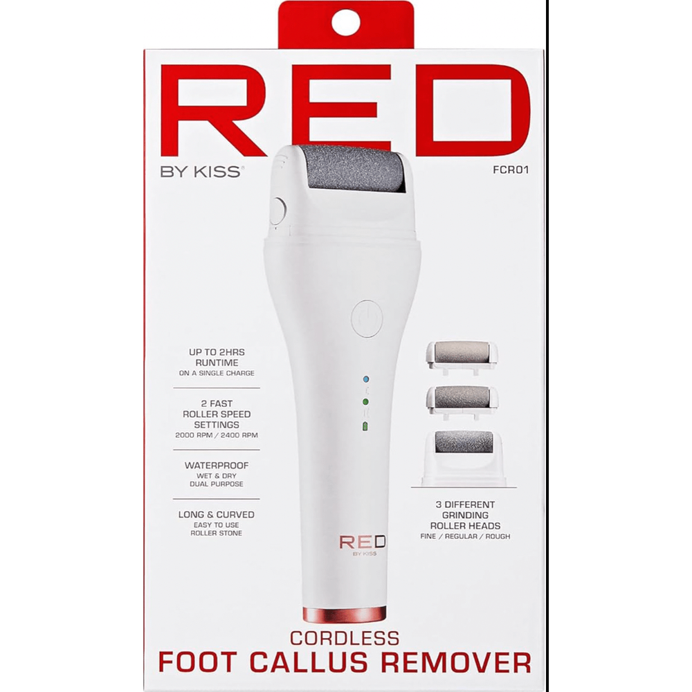 Red by Kiss Cordless Foot Callus Remover – Dual - Speed Pedicure Tool w/ 3 Rollers, Curved Head, Wet & Dry Use, 2 - Hour Runtime - Beauty Exchange Beauty Supply