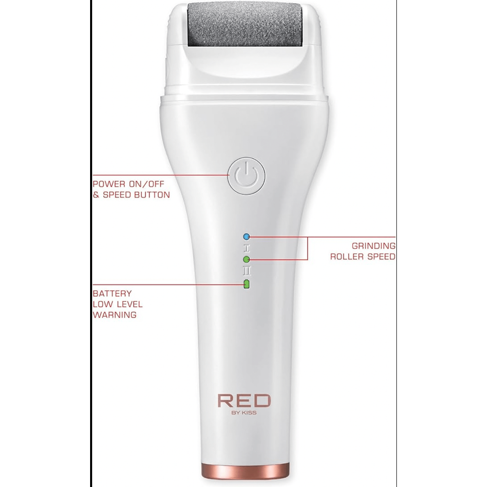Red by Kiss Cordless Foot Callus Remover – Dual - Speed Pedicure Tool w/ 3 Rollers, Curved Head, Wet & Dry Use, 2 - Hour Runtime - Beauty Exchange Beauty Supply