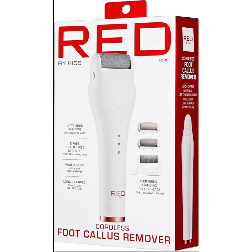 Red by Kiss Cordless Foot Callus Remover – Dual - Speed Pedicure Tool w/ 3 Rollers, Curved Head, Wet & Dry Use, 2 - Hour Runtime - Beauty Exchange Beauty Supply
