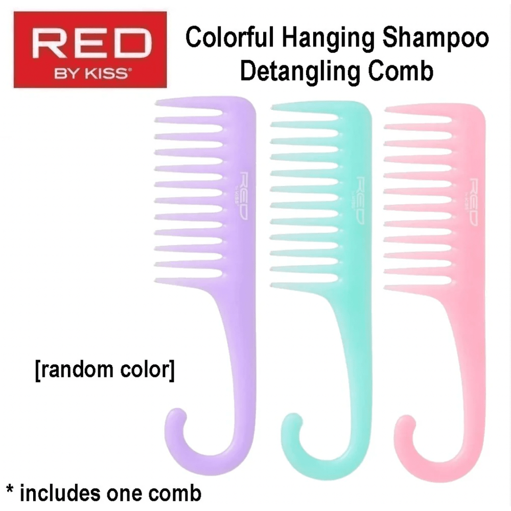 Red by Kiss Hanging Shampoo Comb โ HM24 | Wide - Tooth Comb for Detangling in Shower with Built - In Hook - Beauty Exchange Beauty Supply