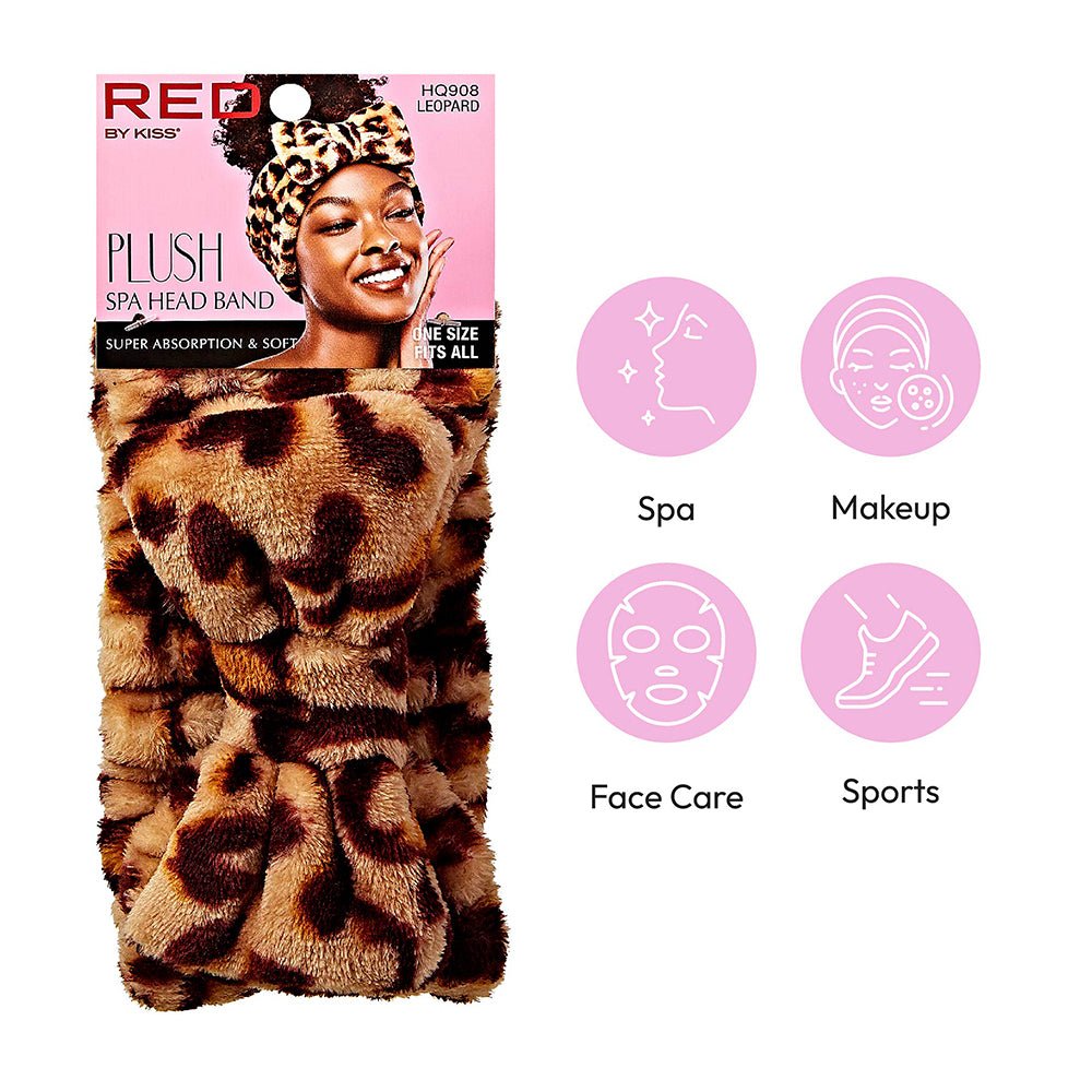 Red by Kiss Plush Spa Head Band | Soft, Stretchy & Stylish for Makeup & Skincare Routines | Black, White, Leopard, Ombre, Pink Leopard - Beauty Exchange Beauty Supply