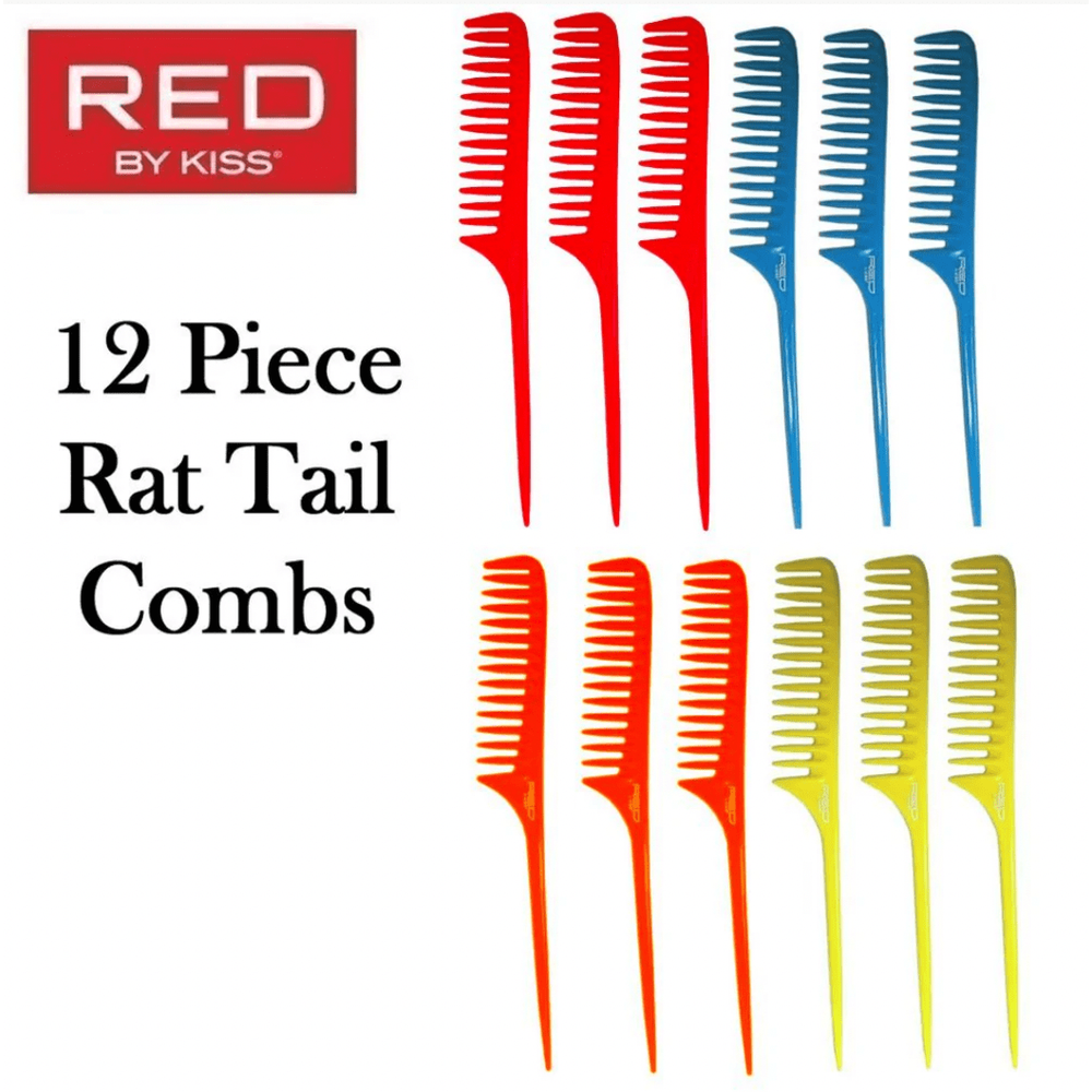 Red by Kiss Rat Tail Comb Set – Assorted Colors, Flexible, Heat - Resistant & Anti - Static | 12 pcs | HM93J | Perfect for Parting & Sectioning - Beauty Exchange Beauty Supply