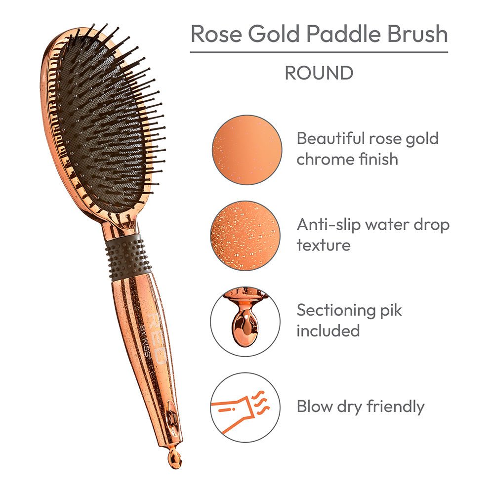 Red by Kiss Rose Gold Paddle Brush Round HH35 – Shape, Smooth & Shine with Style | Size: Round Paddle - Beauty Exchange Beauty Supply