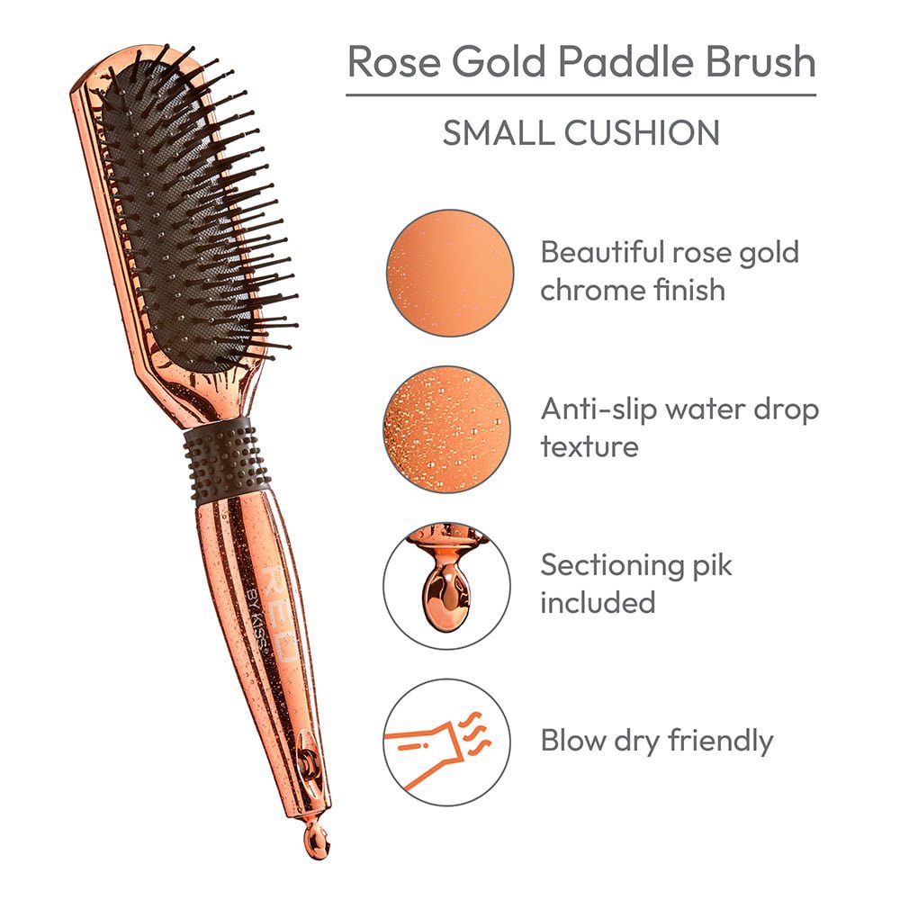 Red by Kiss Rose Gold Paddle Brush Small Cushion HH37 – Compact Comfort & Smooth Control | Size: Small Cushion Paddle - Beauty Exchange Beauty Supply