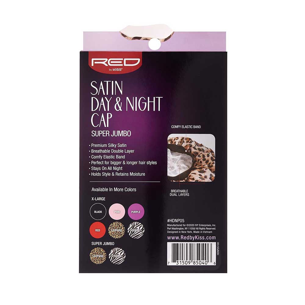 Red by Kiss Silky Satin Day & Night Cap – Super Jumbo | All - Day Moisture Lock for Braids, Locs & Big Hair | Black, Assorted, Leopard, Zebra | One Size - Beauty Exchange Beauty Supply