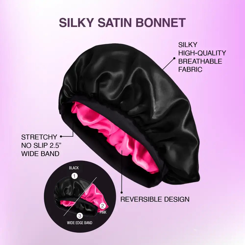 Red by Kiss Silky Satin Wide Edge Bonnet – Large | Gentle Edge Protection for Curls, Wraps & Short Styles | Black & Pink, Purple & Dotty | One Size - Beauty Exchange Beauty Supply