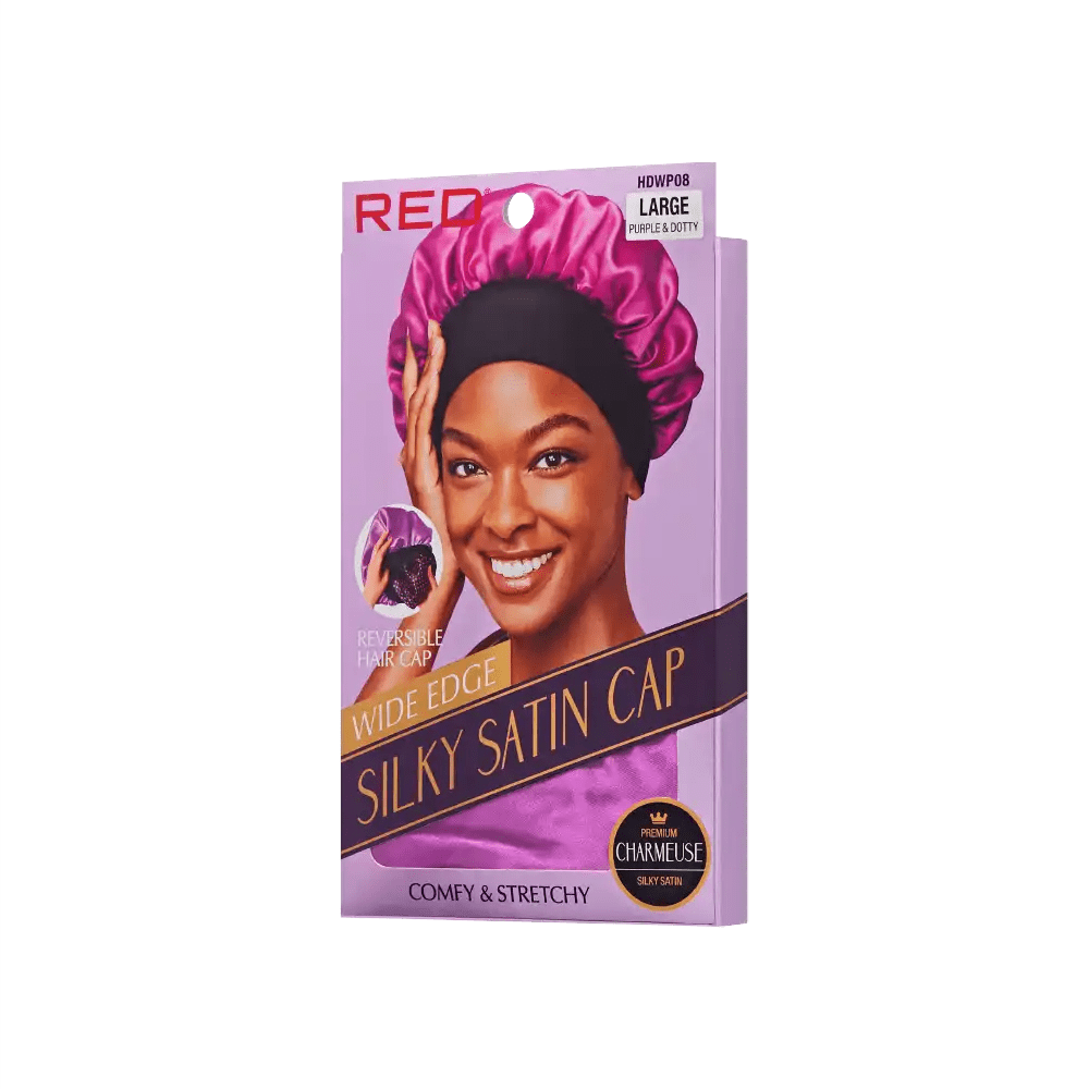 Red by Kiss Silky Satin Wide Edge Bonnet – Large | Gentle Edge Protection for Curls, Wraps & Short Styles | Black & Pink, Purple & Dotty | One Size - Beauty Exchange Beauty Supply