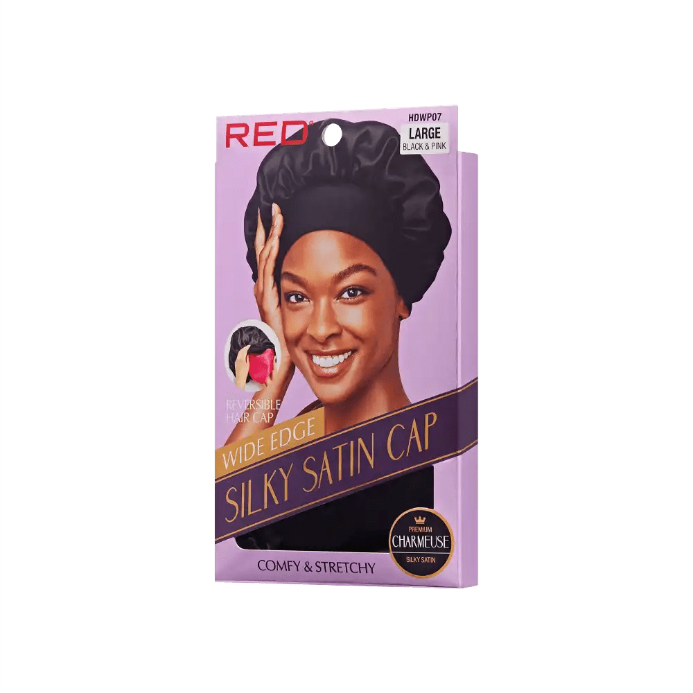 Red by Kiss Silky Satin Wide Edge Bonnet – Large | Gentle Edge Protection for Curls, Wraps & Short Styles | Black & Pink, Purple & Dotty | One Size - Beauty Exchange Beauty Supply
