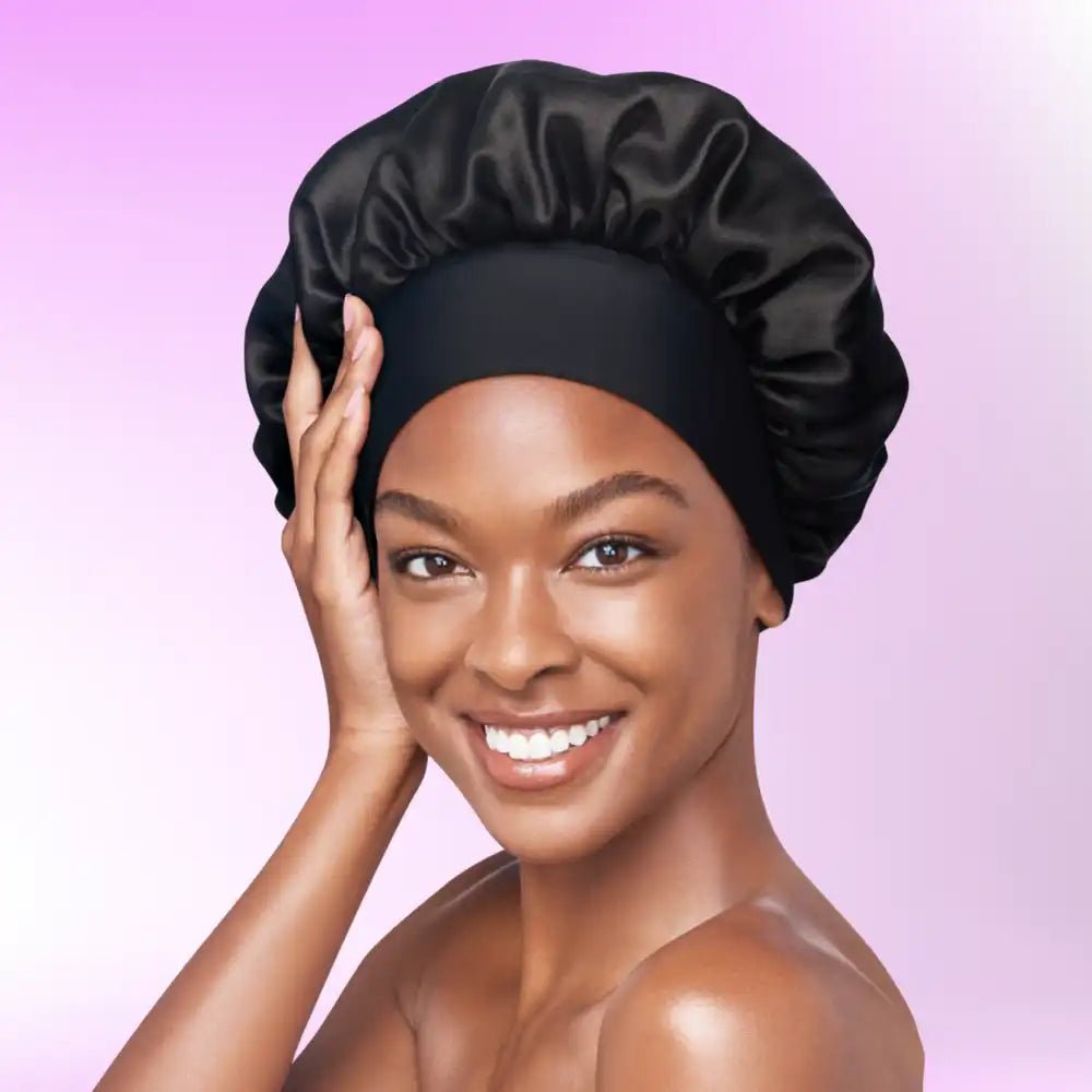 Red by Kiss Silky Satin Wide Edge Bonnet – Large | Gentle Edge Protection for Curls, Wraps & Short Styles | Black & Pink, Purple & Dotty | One Size - Beauty Exchange Beauty Supply