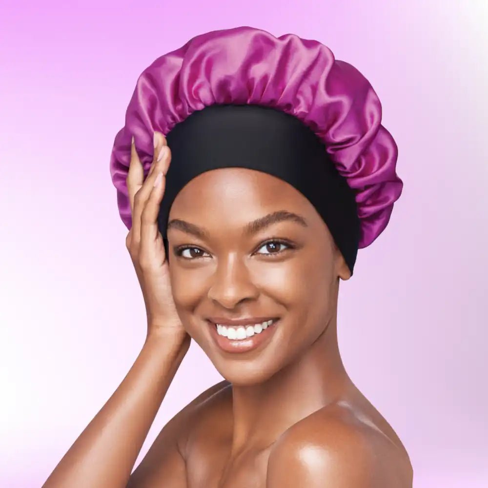 Red by Kiss Silky Satin Wide Edge Bonnet – Large | Gentle Edge Protection for Curls, Wraps & Short Styles | Black & Pink, Purple & Dotty | One Size - Beauty Exchange Beauty Supply