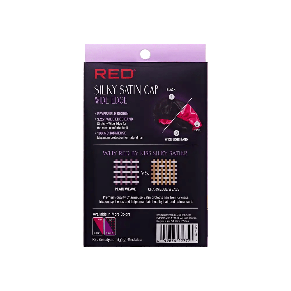 Red by Kiss Silky Satin Wide Edge Bonnet – Large | Gentle Edge Protection for Curls, Wraps & Short Styles | Black & Pink, Purple & Dotty | One Size - Beauty Exchange Beauty Supply