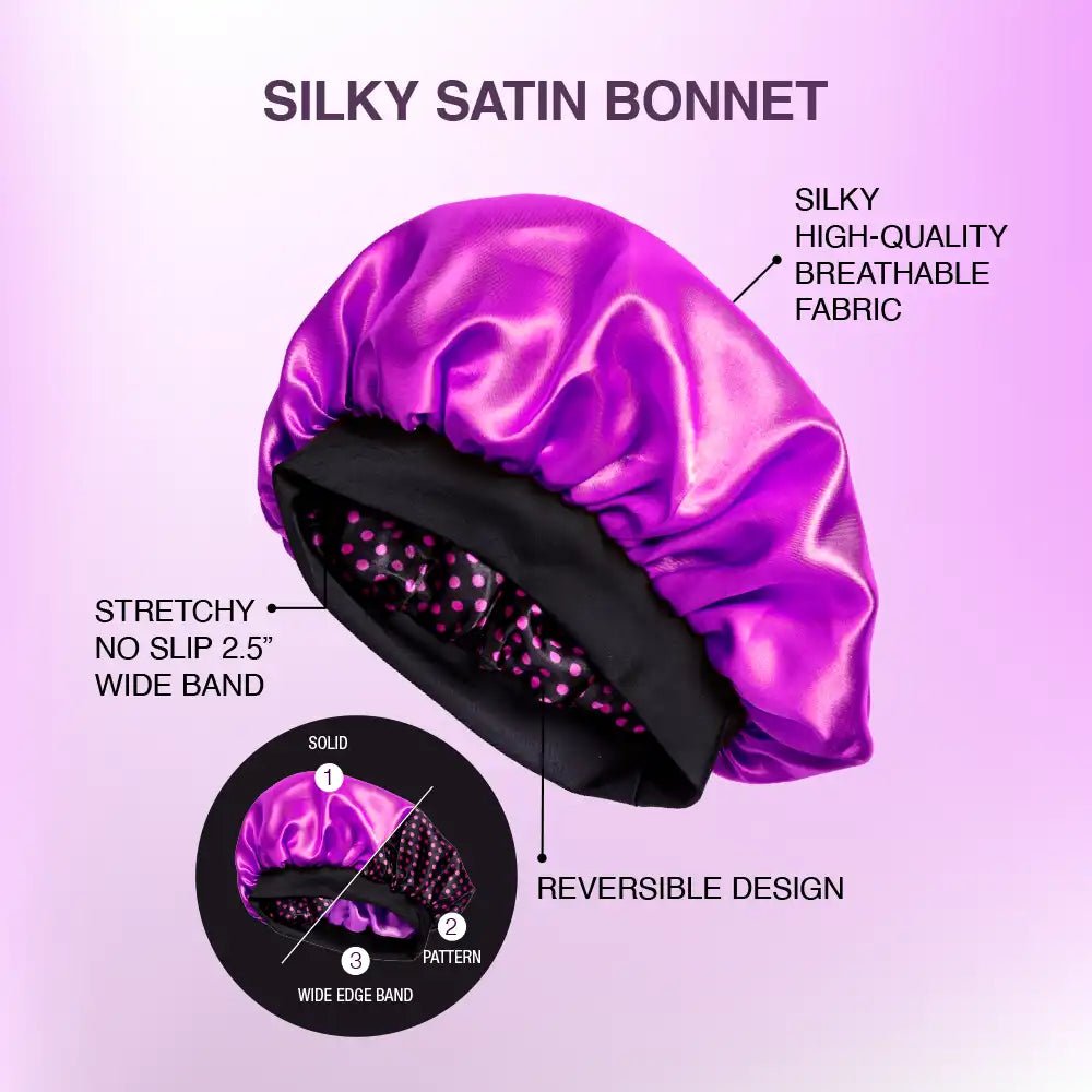 Red by Kiss Silky Satin Wide Edge Bonnet – Large | Gentle Edge Protection for Curls, Wraps & Short Styles | Black & Pink, Purple & Dotty | One Size - Beauty Exchange Beauty Supply